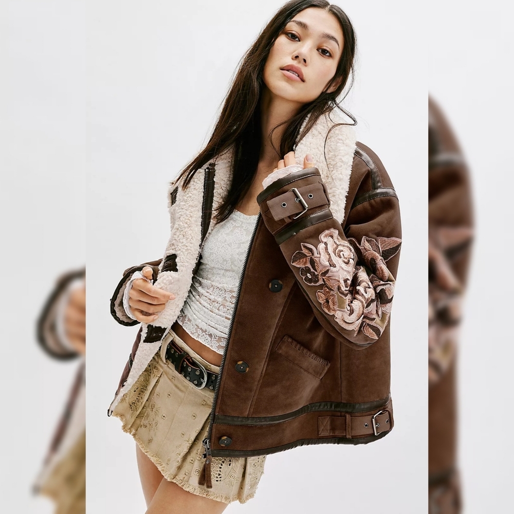We The‎ Free Andies Vegan Moto Jacket Brown Bear Combo Women's Size Small